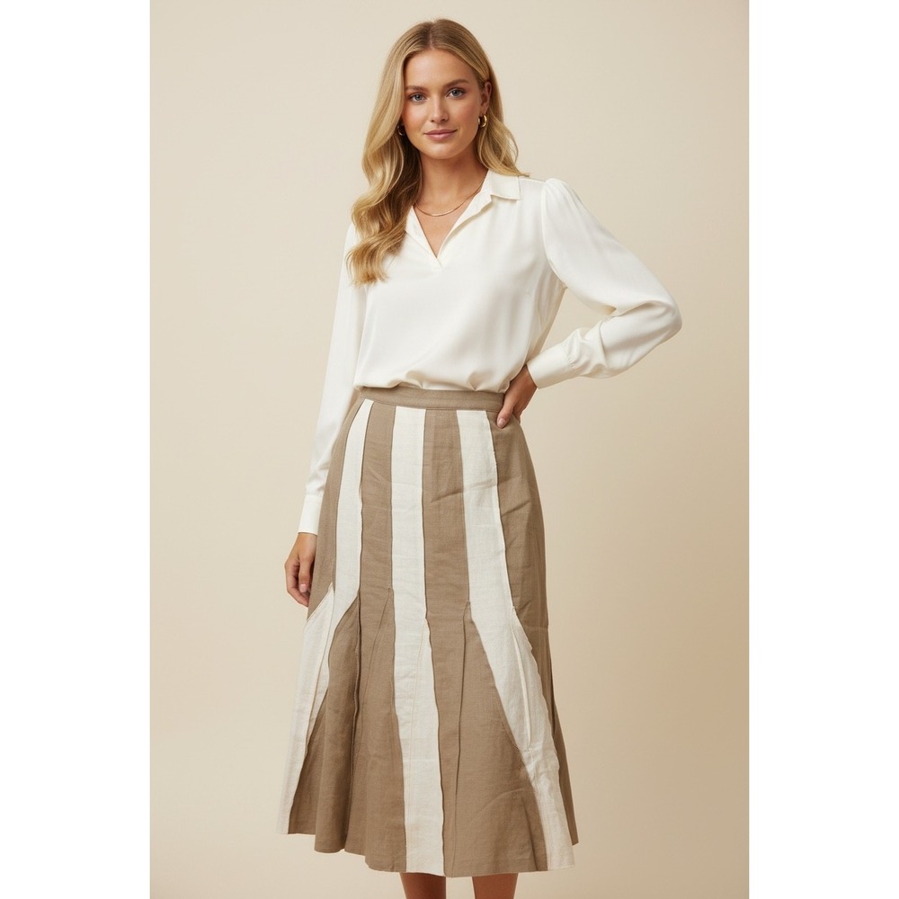 Spanner Linen Panelled Midi Skirt Size 8 Neutral Khaki Cream Colour-block